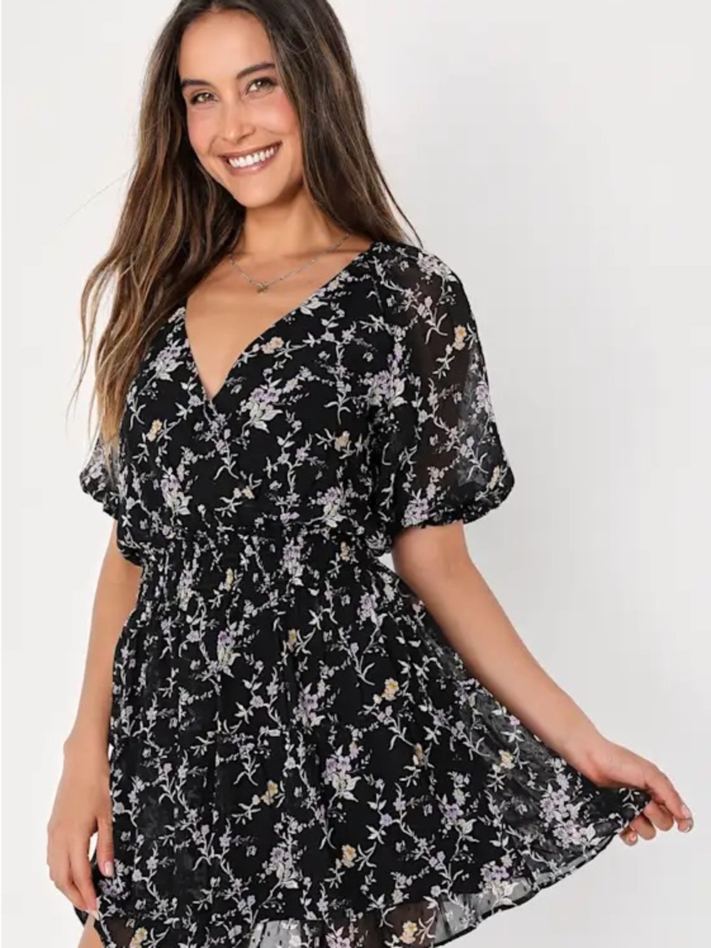 Lulu's Black Floral V-Neck Mini Dress with Lilac and Cream Accents